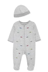 Little Me Race Cars 2-Way-Zip Footed One-Piece and Hat
