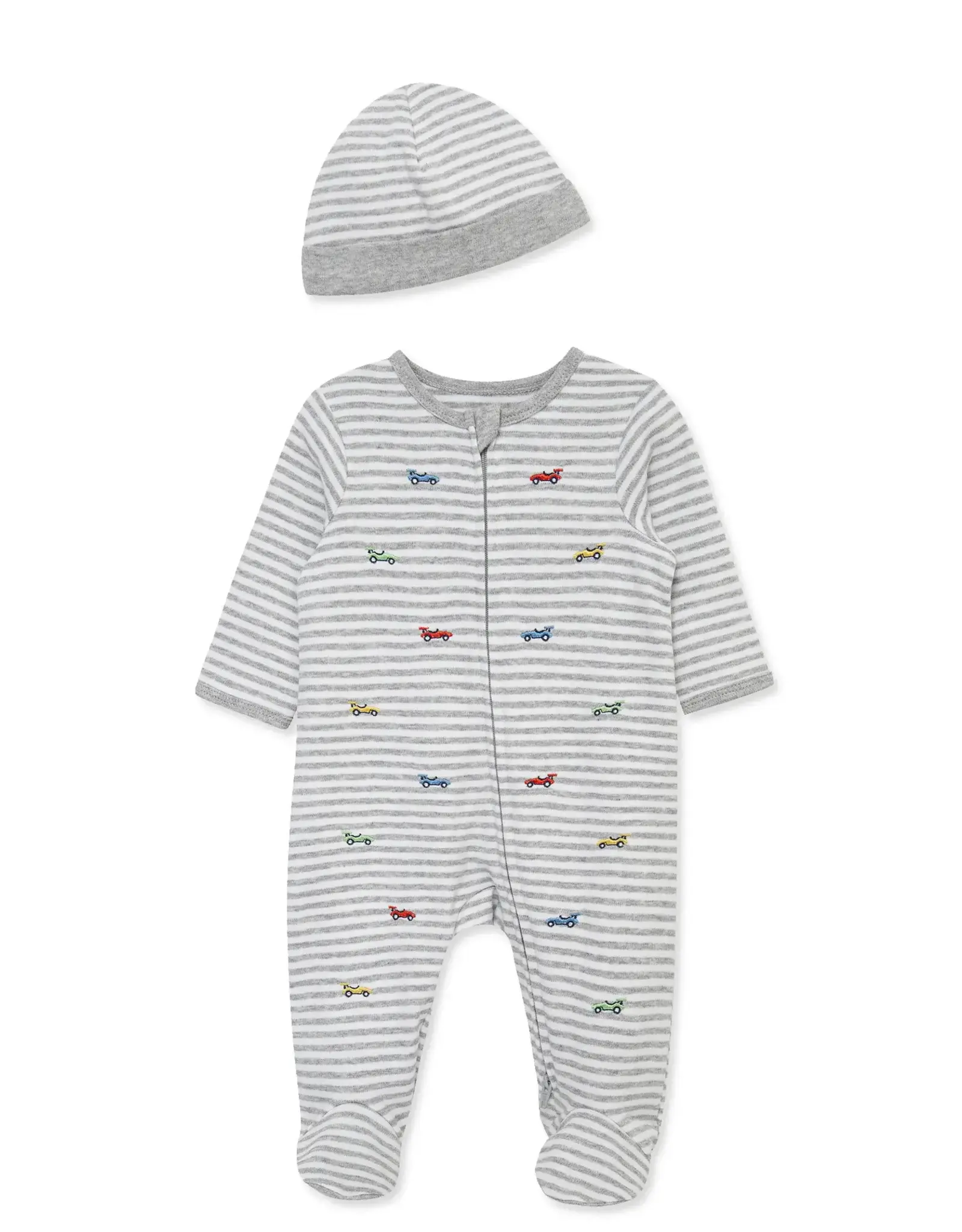 Little Me Race Cars 2-Way-Zip Footed One-Piece and Hat