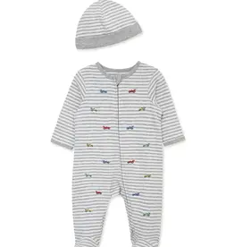 Little Me Race Cars 2-Way-Zip Footed One-Piece and Hat