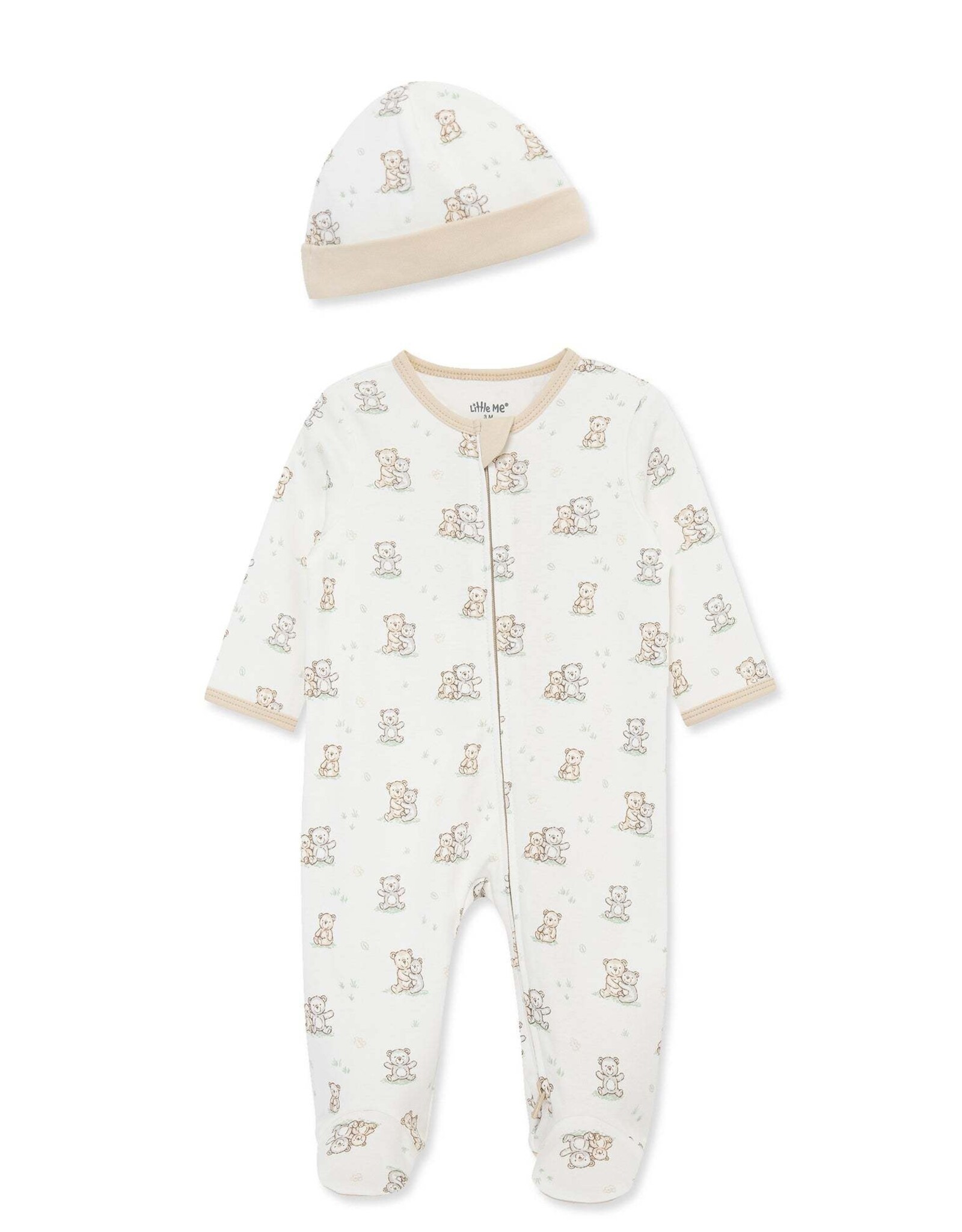 Little Me Fuzzy Bears 2-Way-Zip Footed One-Piece and Hat