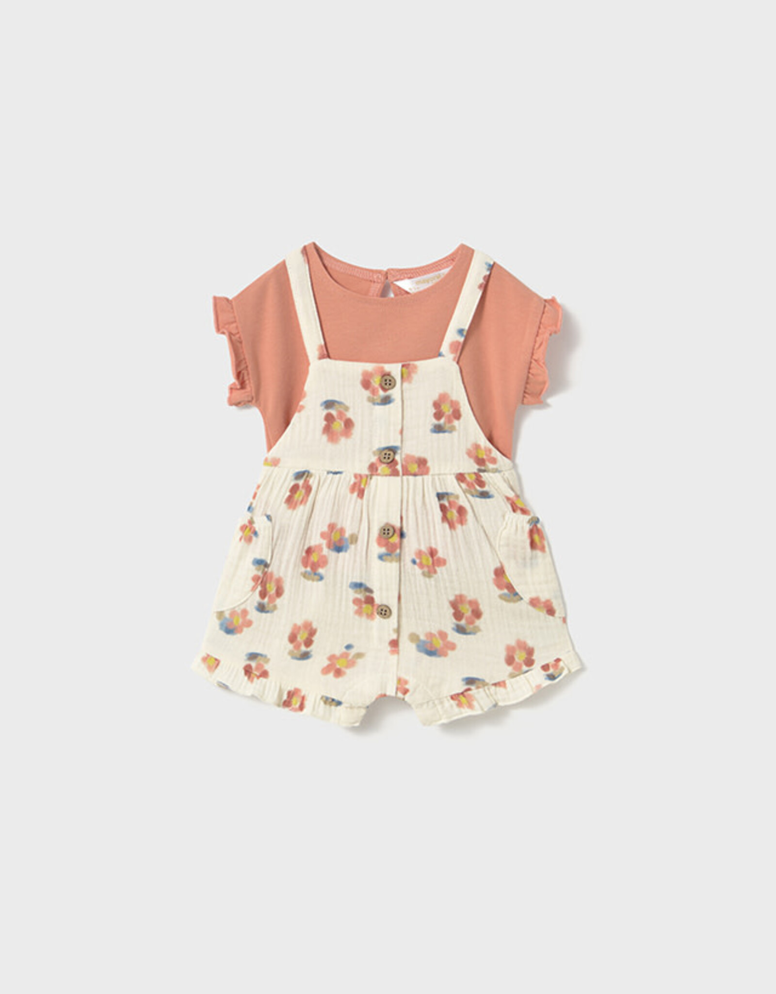 Mayoral Peach Flower Overall and Shirt Set