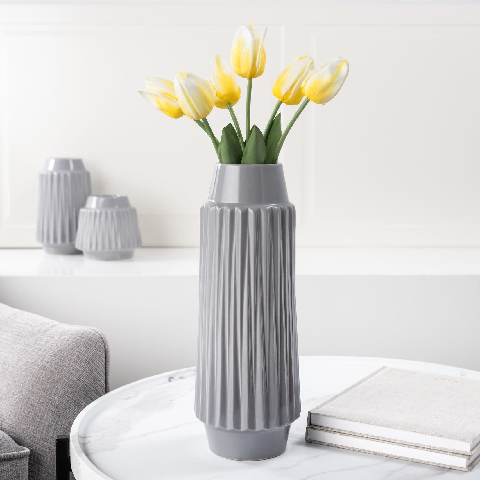 Torre & Tagus Ella Faceted Ceramic Vase 14" - Grey