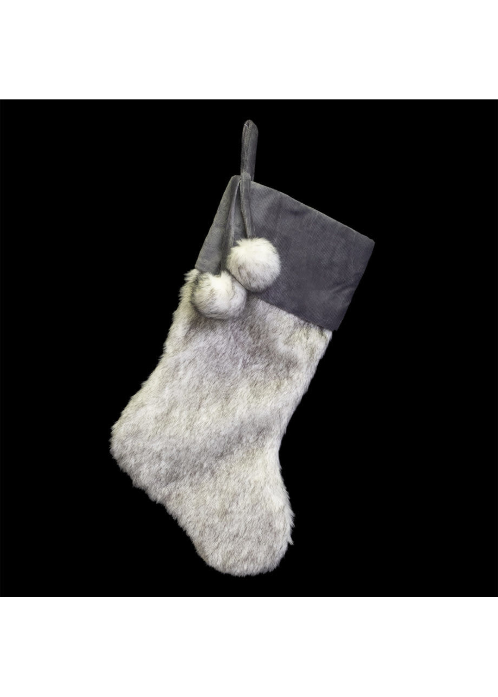 Christmas Forever Grey Faux Fur Stocking w/pom poms