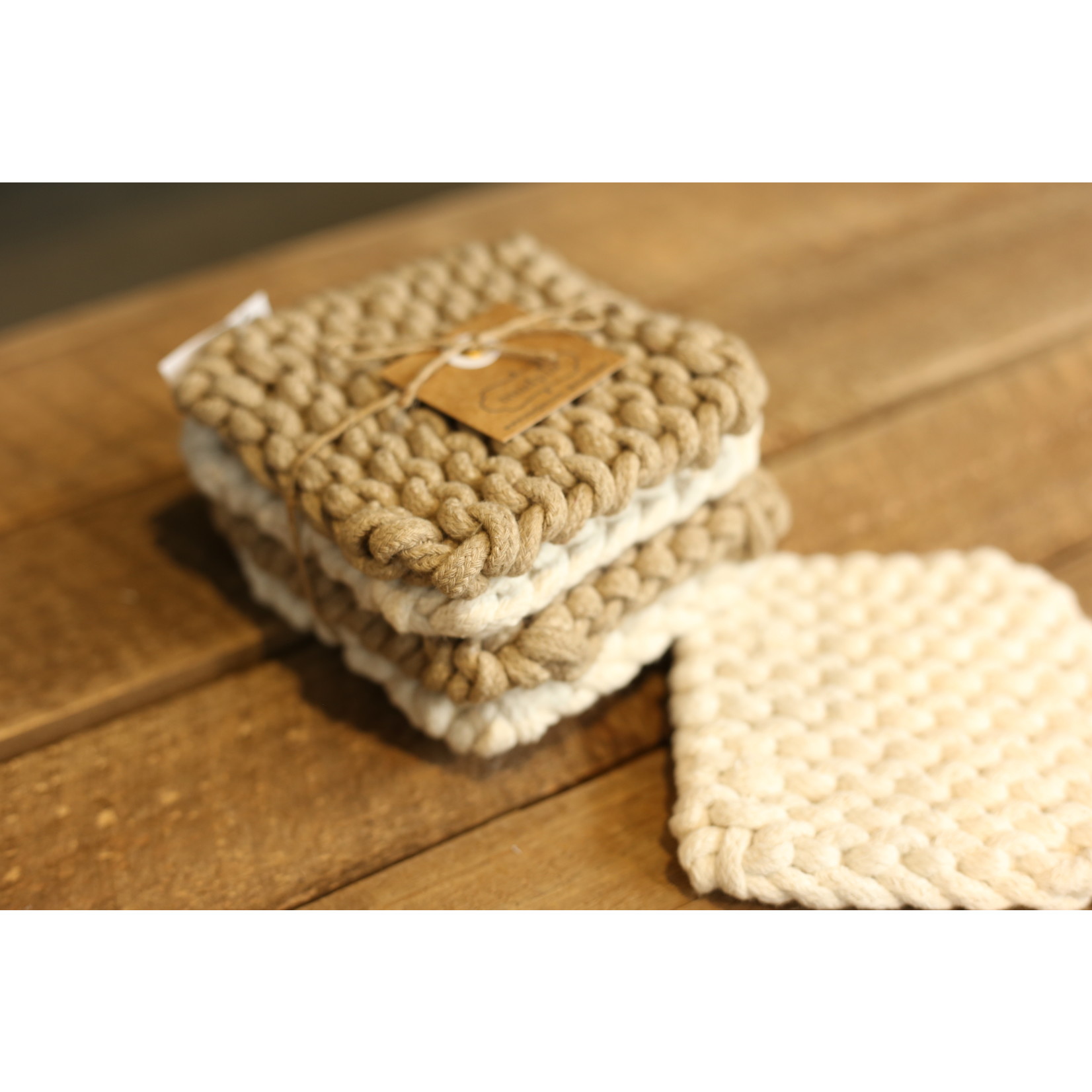 Mud Pie Taupe/White Crochet Coaster Set 4