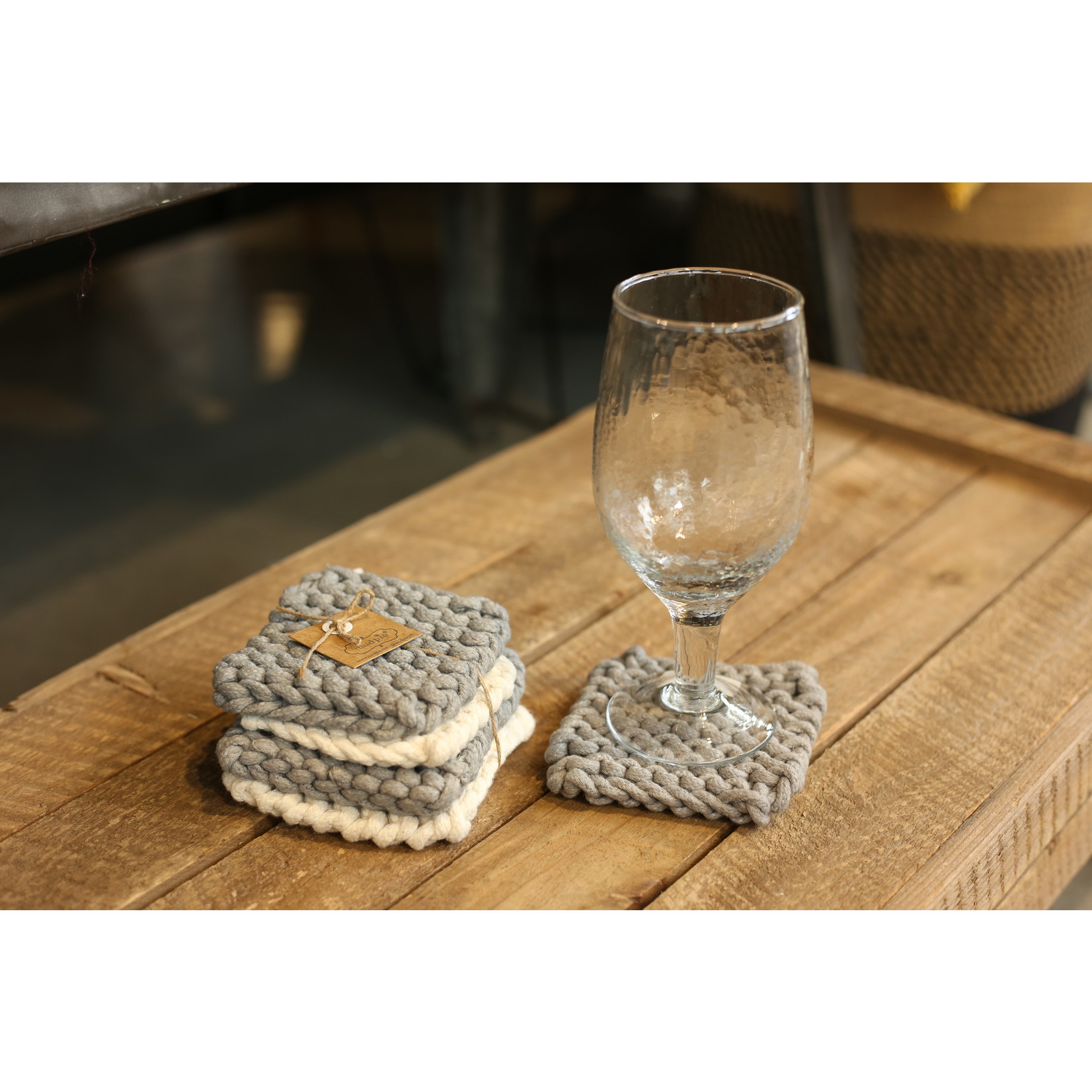 Mud Pie Grey/White Crochet Coaster Set/4