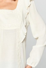 Oddi Solid Loose-Fit Gauze Peasant Blouse Long Sleeves with Elastic Cuffs Square Neckline Ruffled Shoulder Details