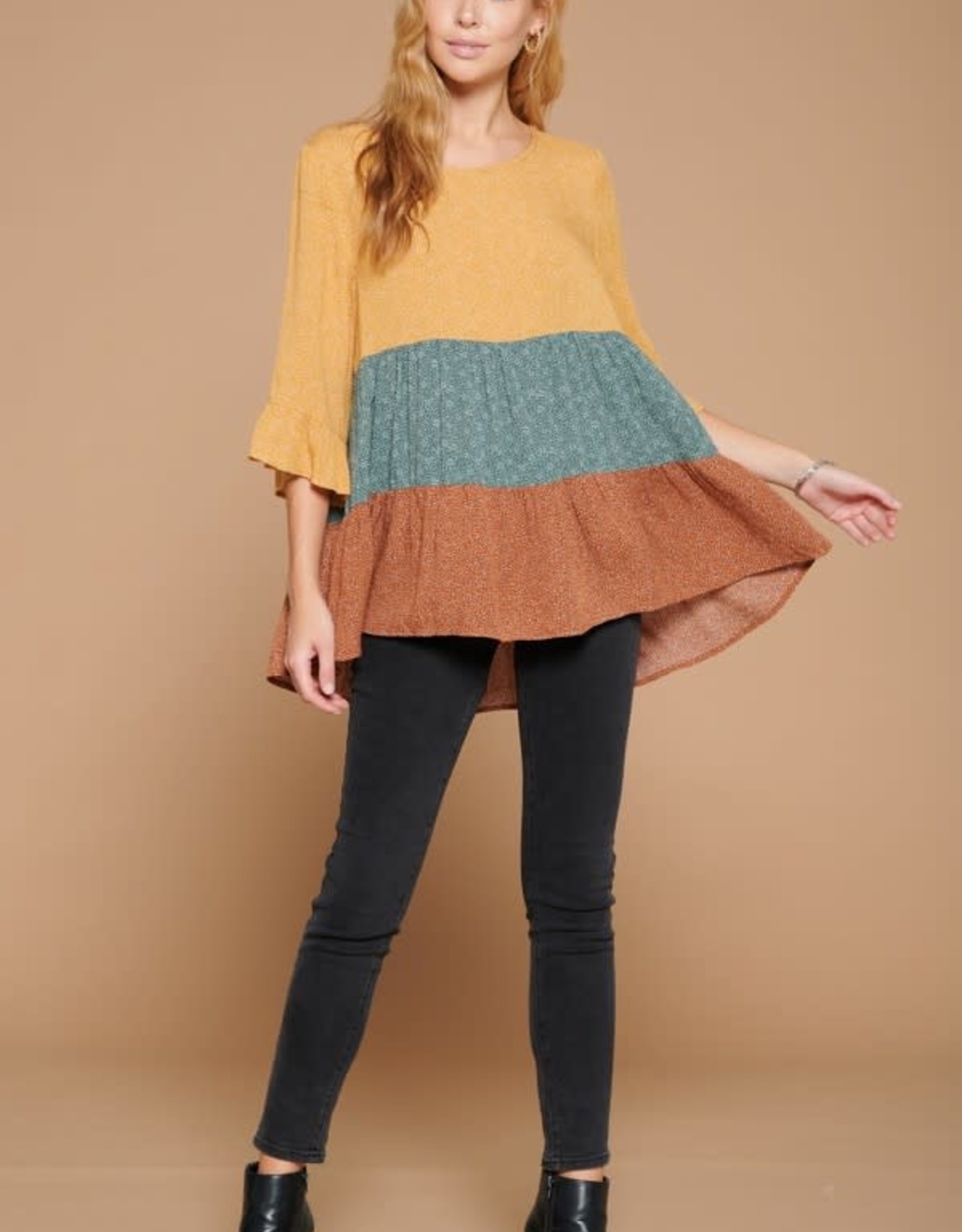 Oddi Floral Printed Crinkled Woven Babydoll Blouse  3/4 Length Bell Sleeves  Round Neckline Color-Blocked Skirt