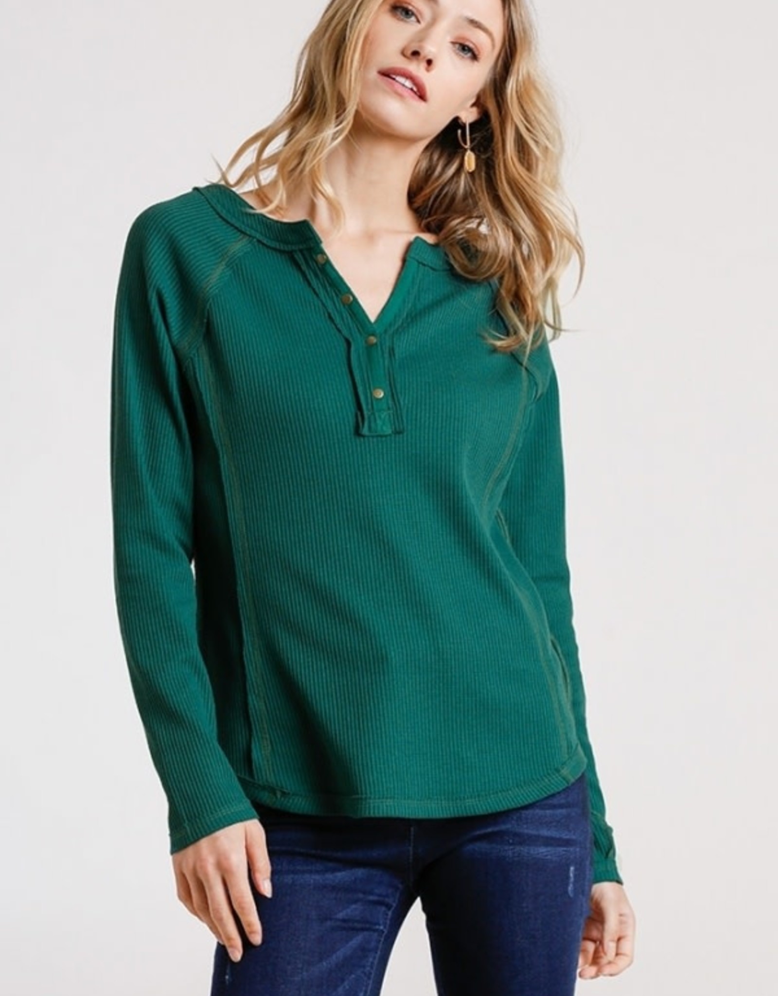 Umgee Ribbed Button Front and Raw Edged Detail Long Sleeve Shirt - A5879