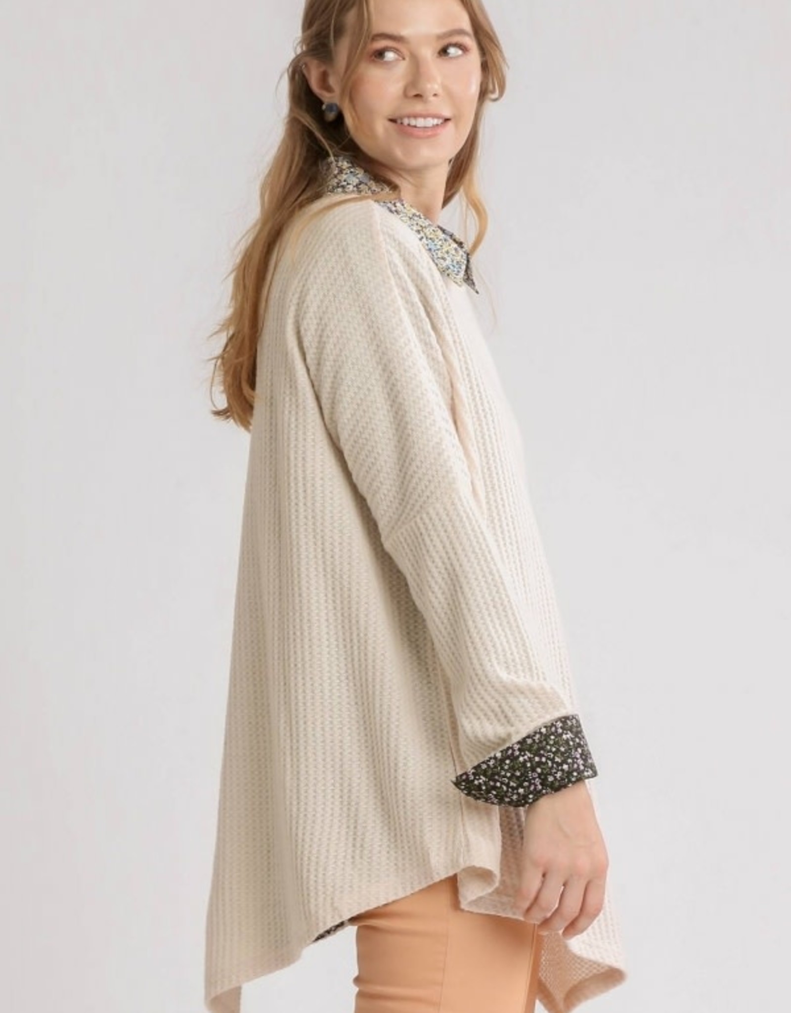 Umgee Thermal Waffle Knit Long Sleeve Round Neck Top - G2415