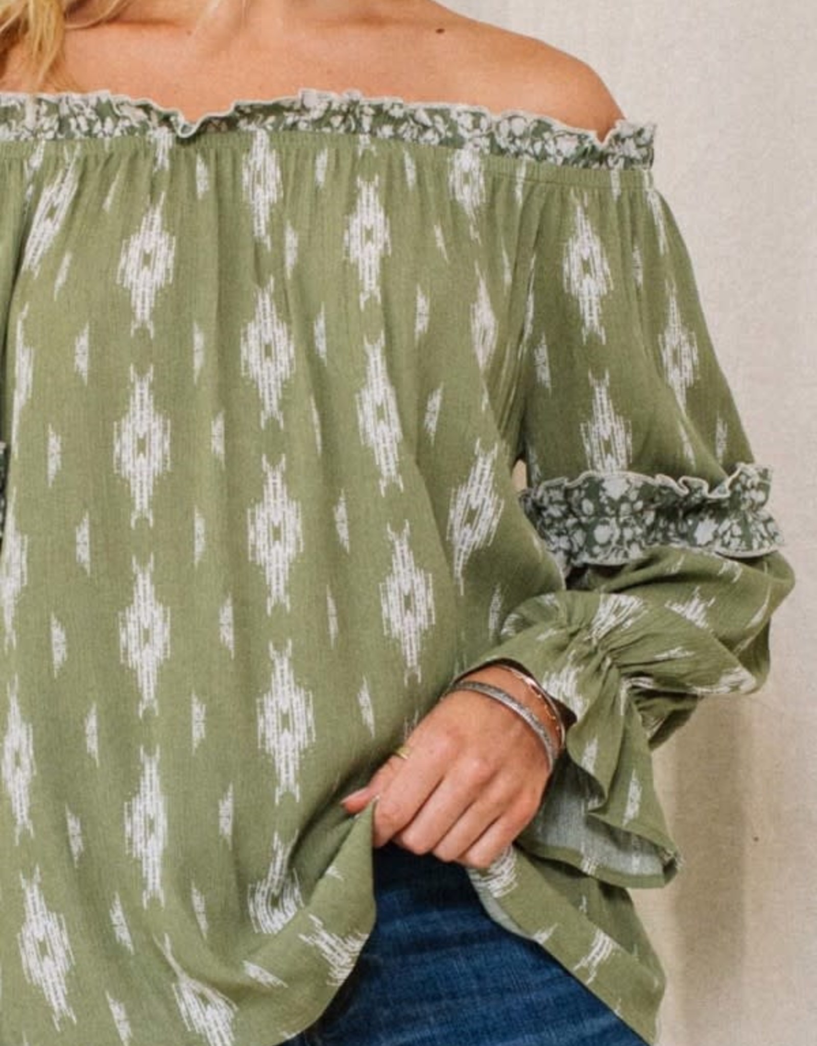 Oddi Geo Printed Knit Top Long Sleeve Off Shoulder Blouse - T64291