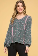 Oddi Floral Print Babydoll Long Sleeve Blouse - IT14572