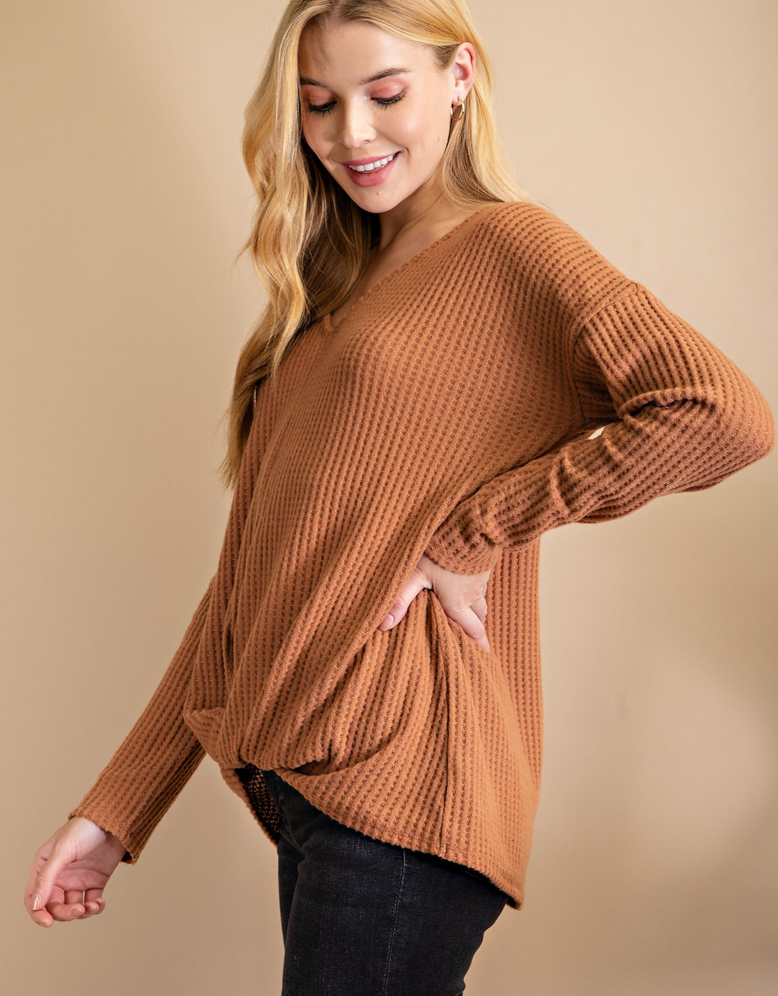 LLove Thermal Waffle Knit Twist Knot Long Sleeve Top - LV7894