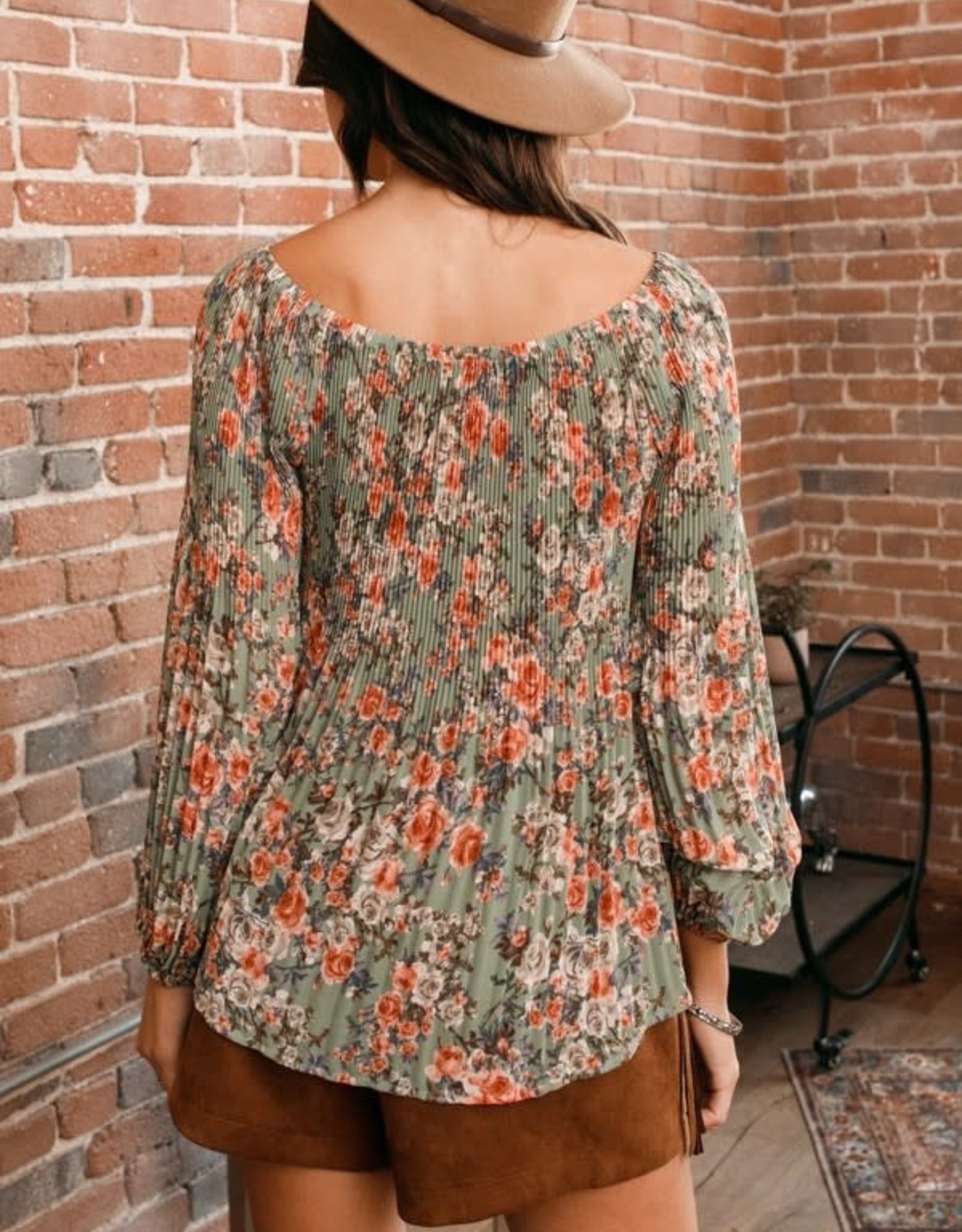 Oddi Floral Printed Off Shoulder Pleated Chiffon Blouse - IT14375