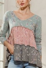 Oddi Floral Printed Rib Knit Long Sleeve Babydoll Blouse - T64429
