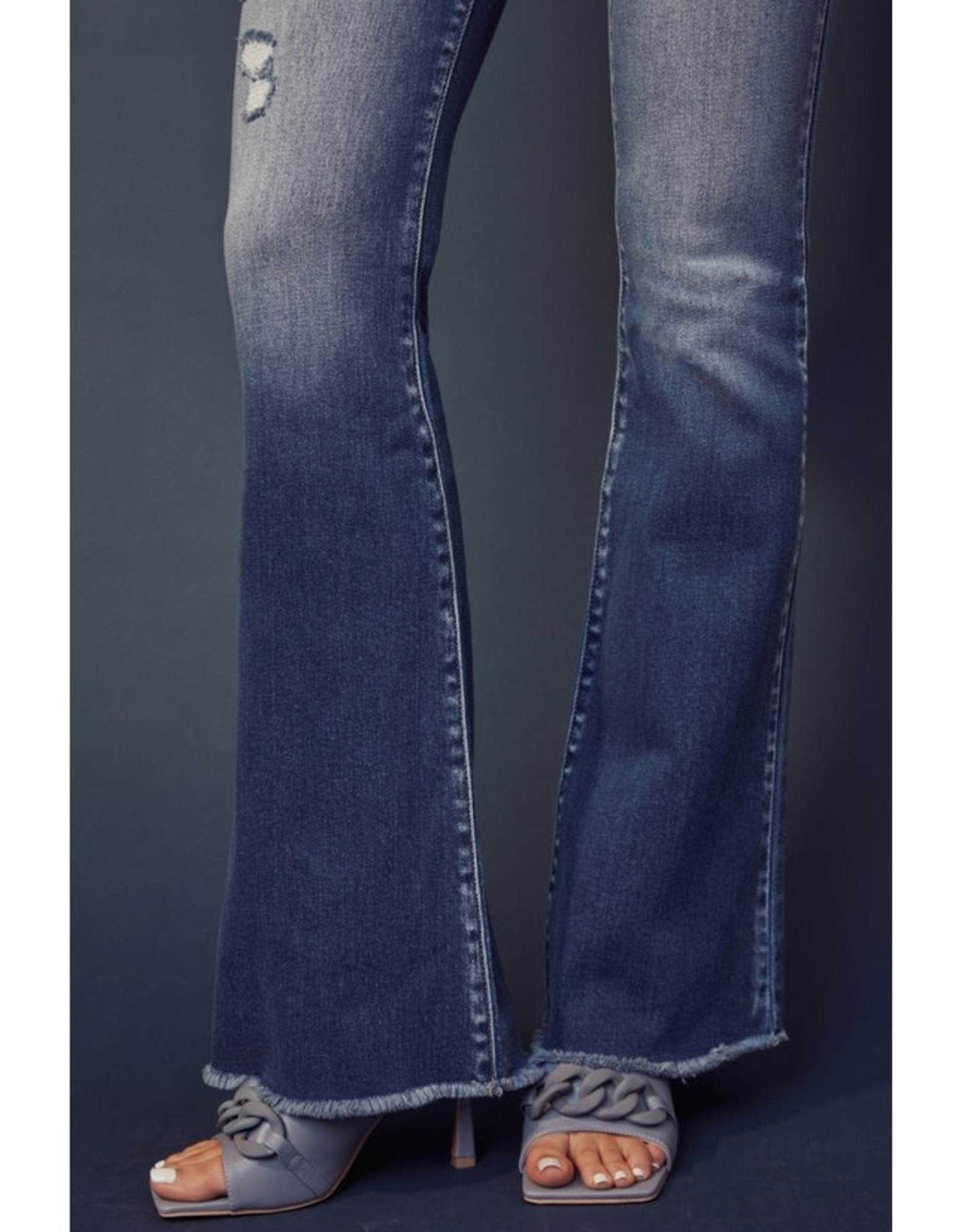 Kan Can USA High Rise Waist Band Detail Fray Hem Flare Jeans - KC7344M