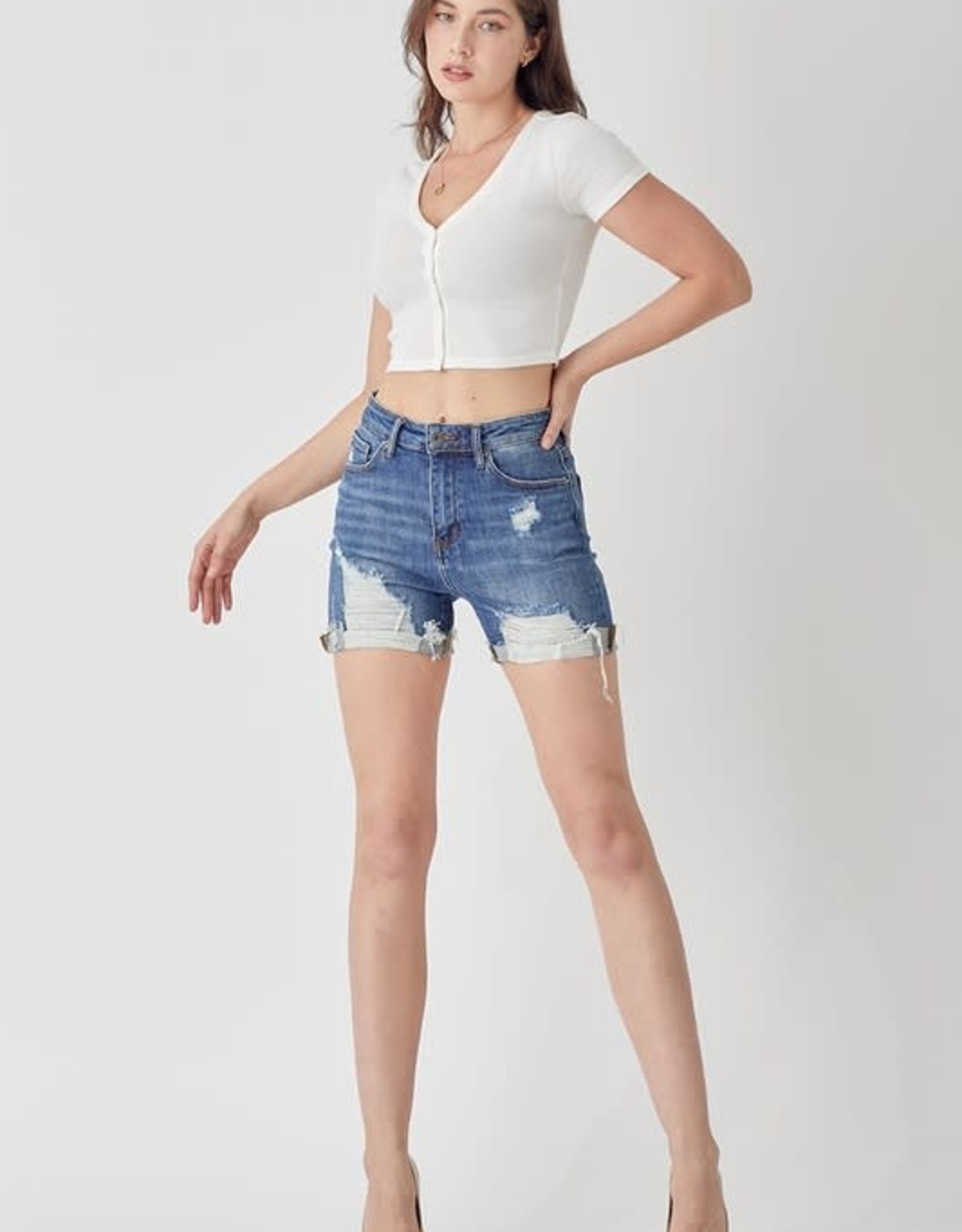 Heavy Distressed Mid Thigh Denim Shorts - RDS1311D - Edgewood Outfitters