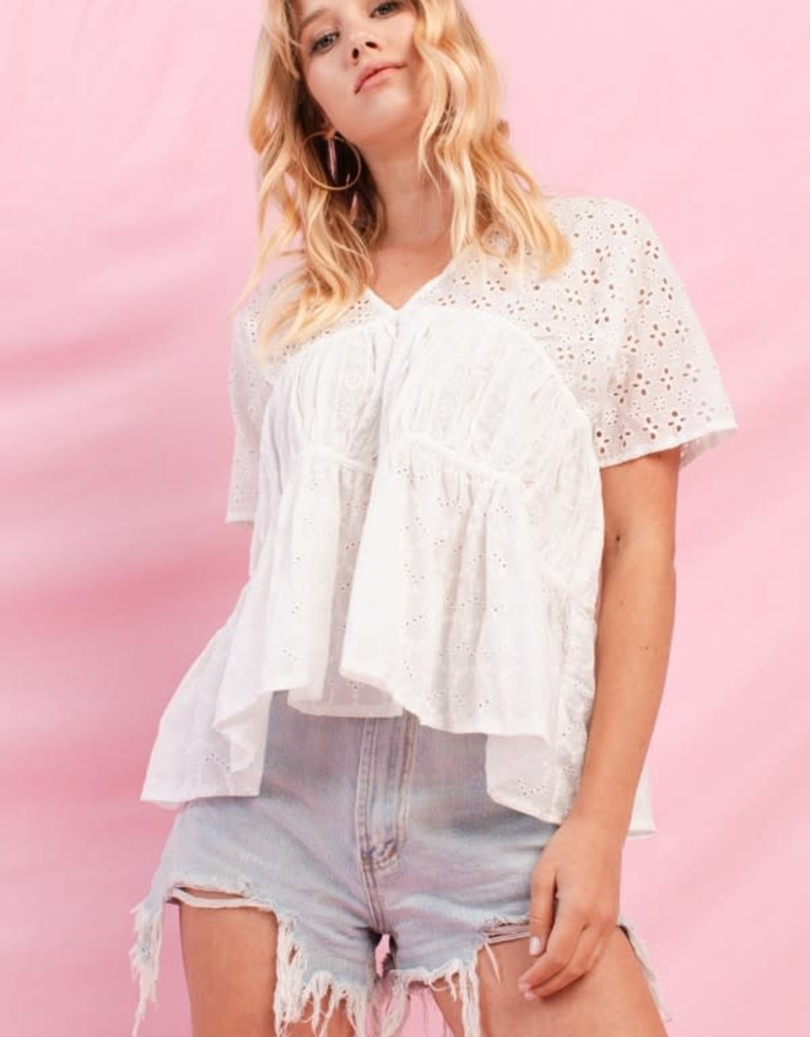 Oddi Tiered Eyelet Lace Blouse Cuffed Short Sleeves V-Neckline Button Key  Hole Cut Out at the Back