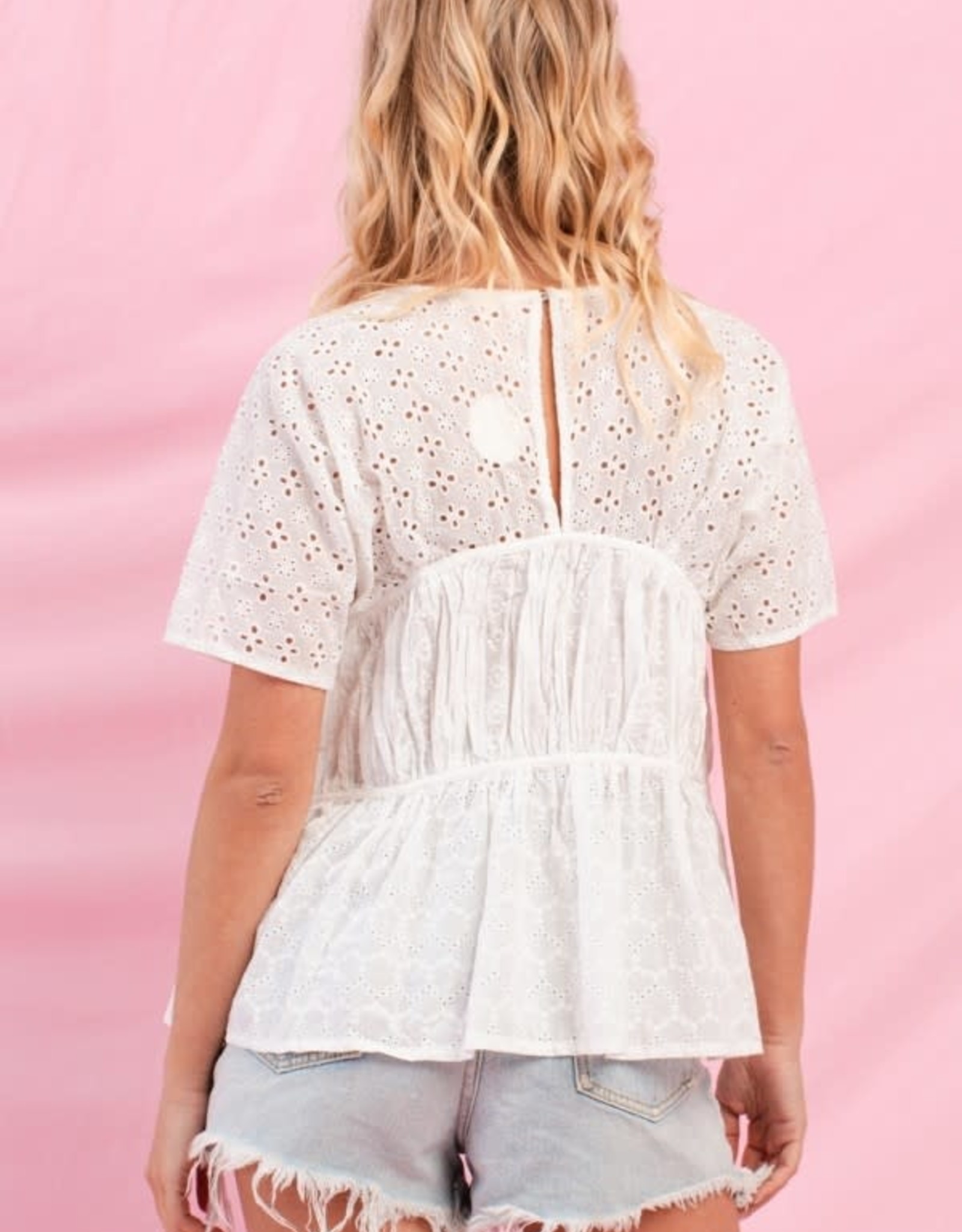 Tiered Eyelet Lace Blouse Cuffed Short Sleeves V-Neckline