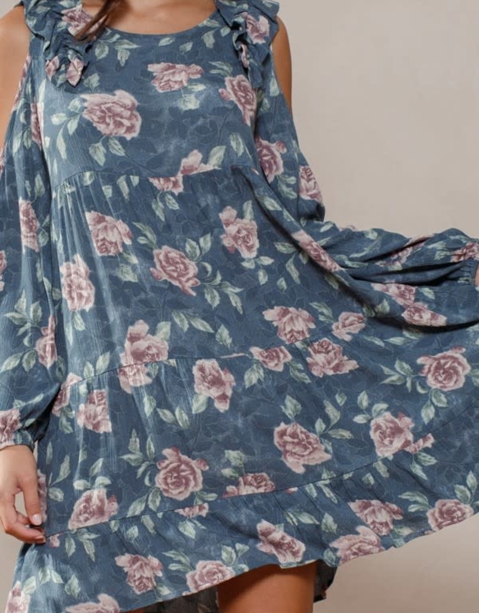 Oddi Floral Printed Babydoll Dress Ruffle Detailed Cold-Shoulder Long Sleeves and a Round Neckline