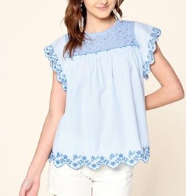 Oddi Striped Woven Blouse, Short Sleeves, Eyelet Yoke with a Back Buttoned Key Hole Enclosure, and Floral Embroidery Details