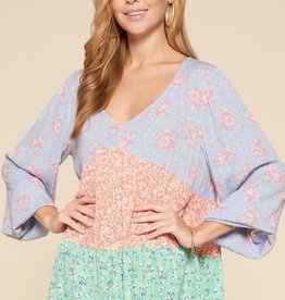 Oddi Contrast Floral Printed Woven Tunic Top, Long Puffed Sleeves, Deep V-Neckline