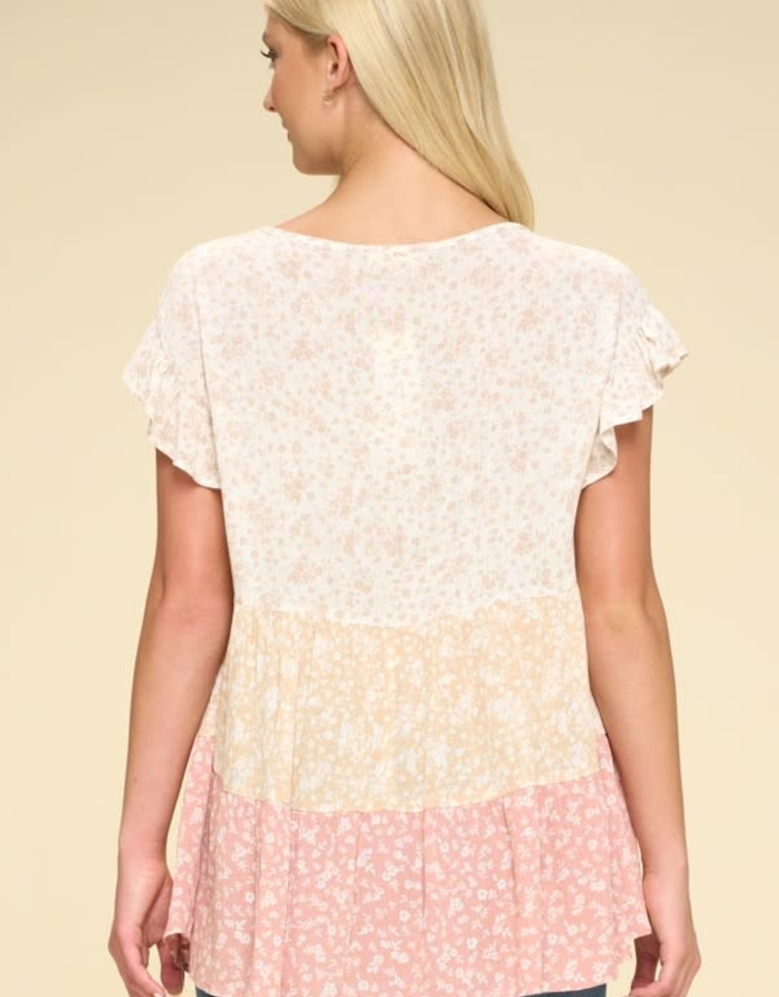 Oddi Color Block Printed Top, Round Neckline, Ruffled Short Sleeves and Bottom