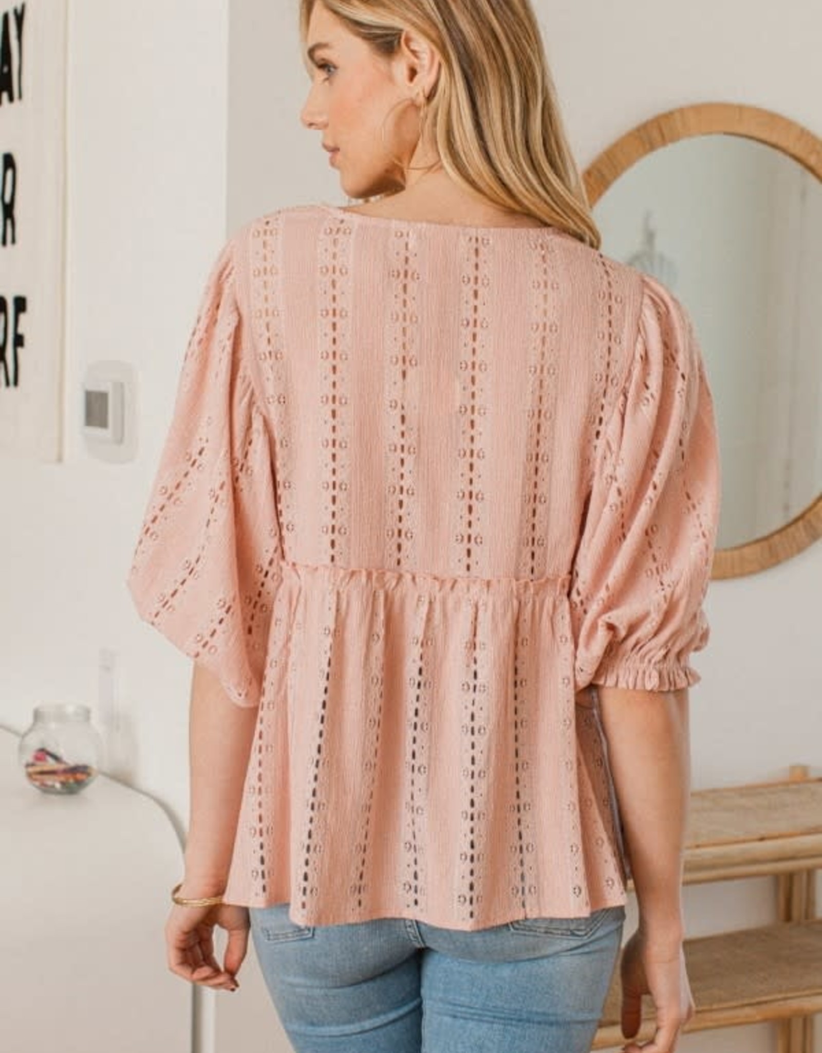 Oddi Textured Woven Babydoll Blouse, Lace Trim Neckline, Ruffle Detail, and Puff Sleeves