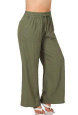 Zenana Linen Drawstring Waist Pants With Pockets Plus