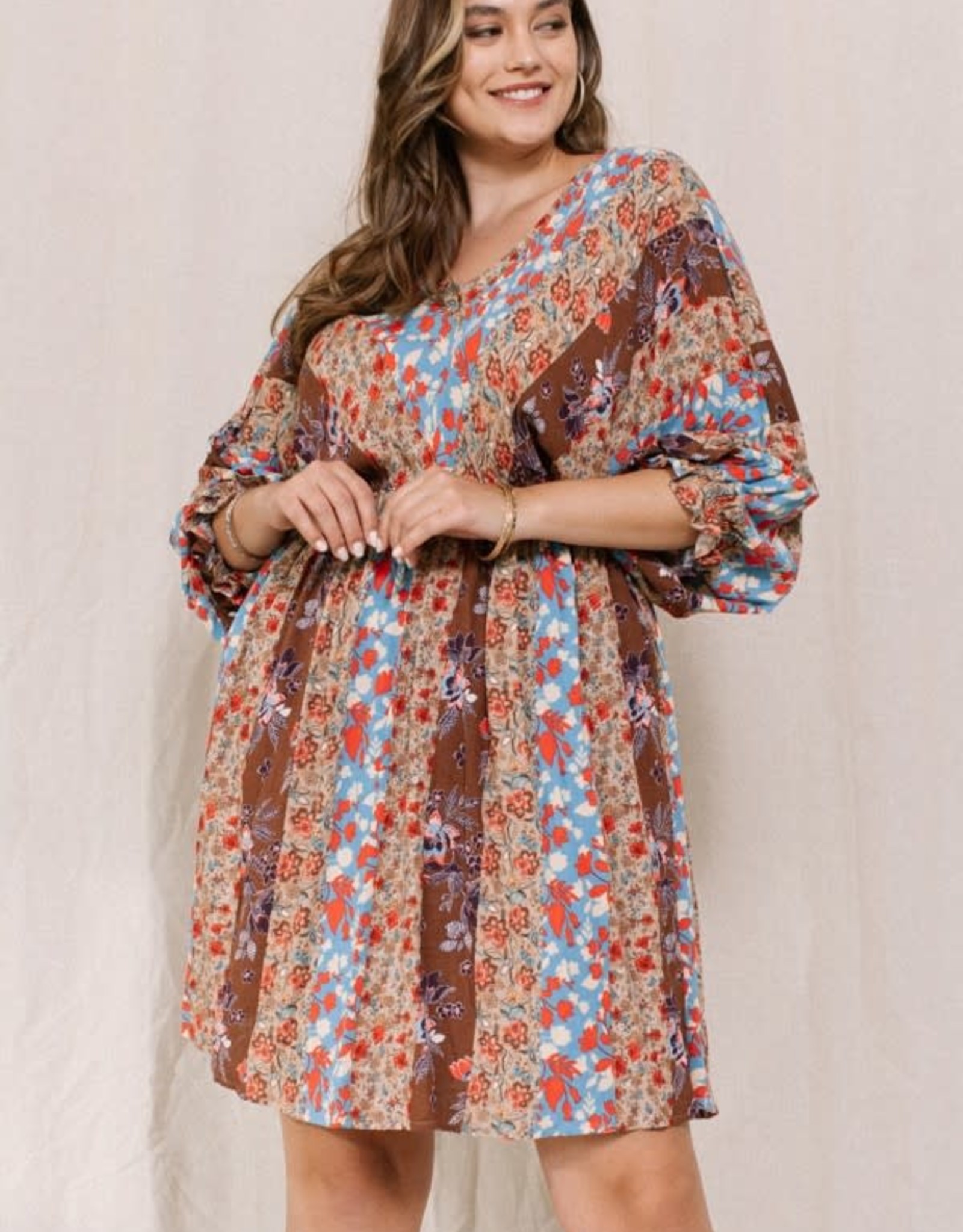 Plus Floral Printed V-Neck Mini Dress - Edgewood Outfitters