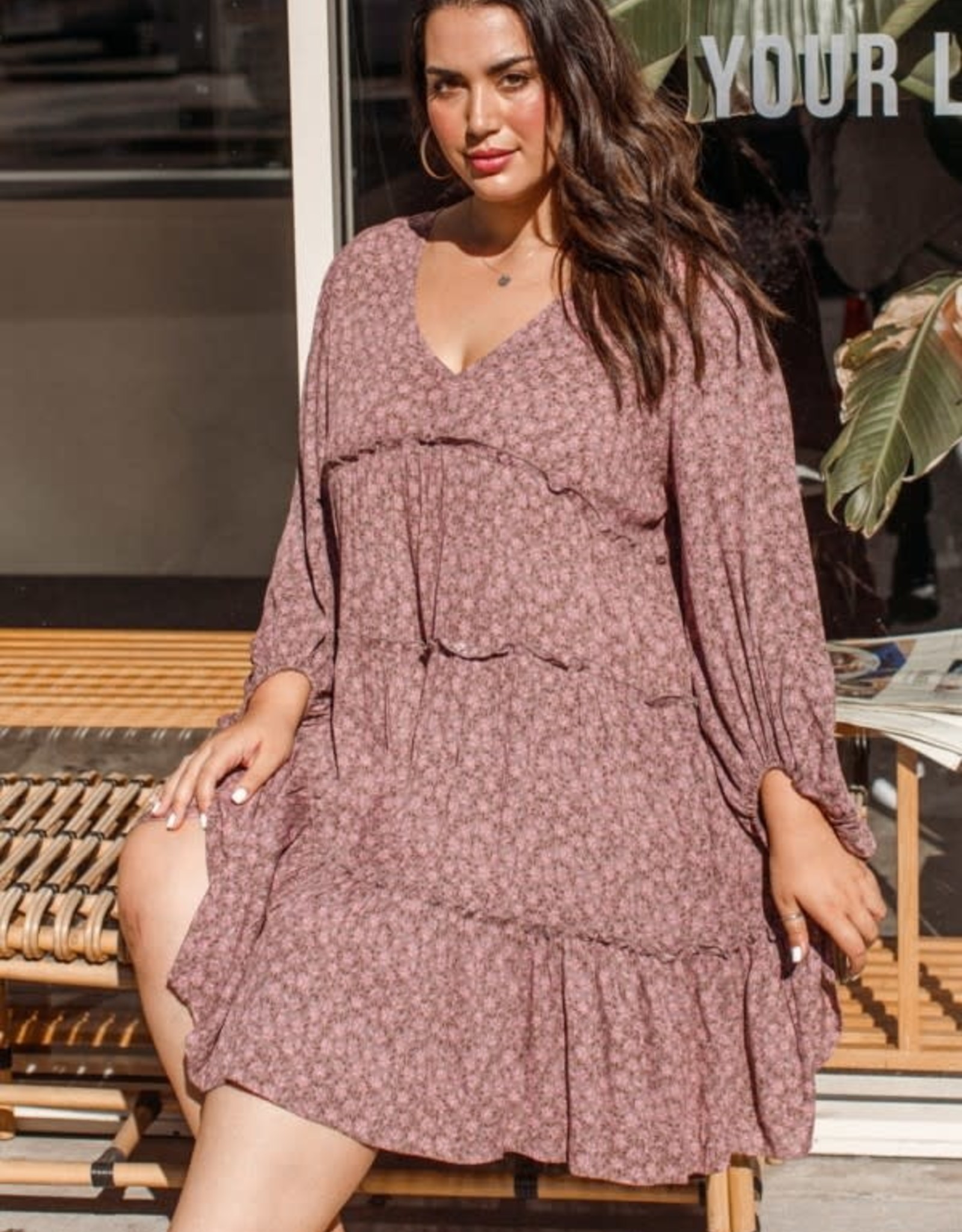Oddi Plus Floral Printed Ruffle Tiered Long Sleeve Dress