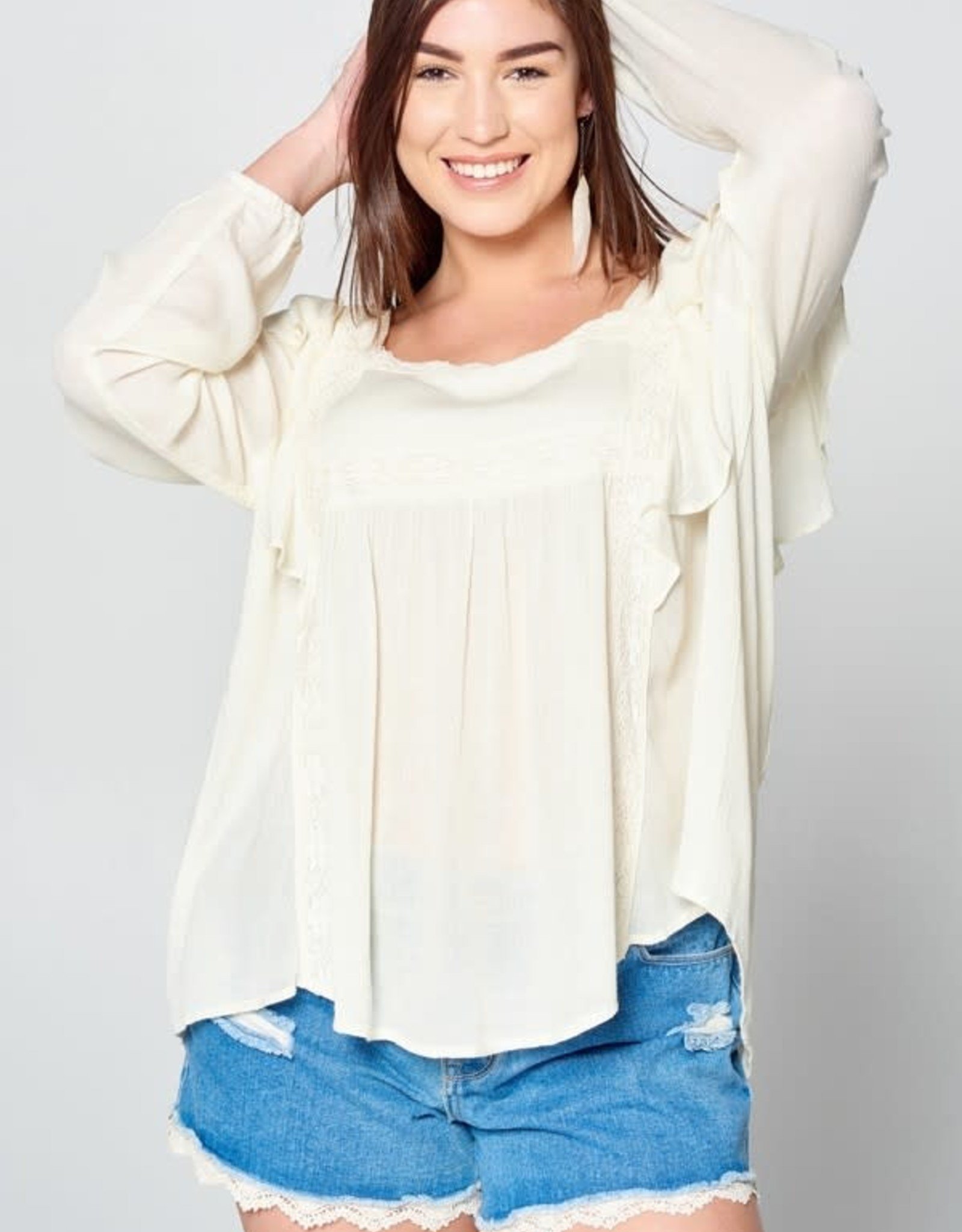 Oddi Peasant Blouse with Long Sleeves and Ruffled Shoulder Details