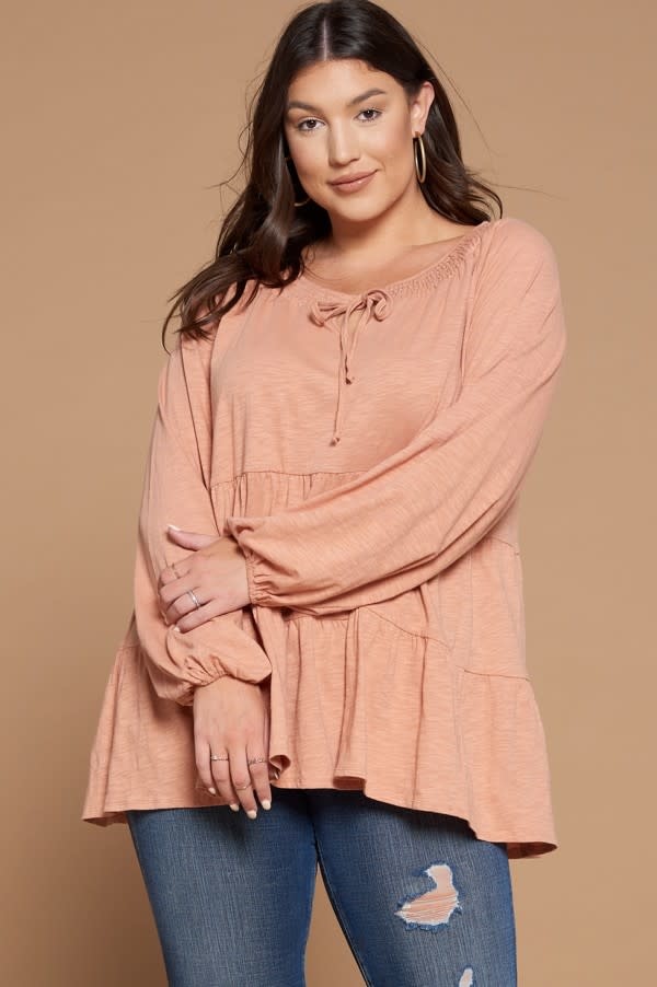 Plus Solid Tiered Baby Doll Blouse with Long Puffed Sleeves Edgewood