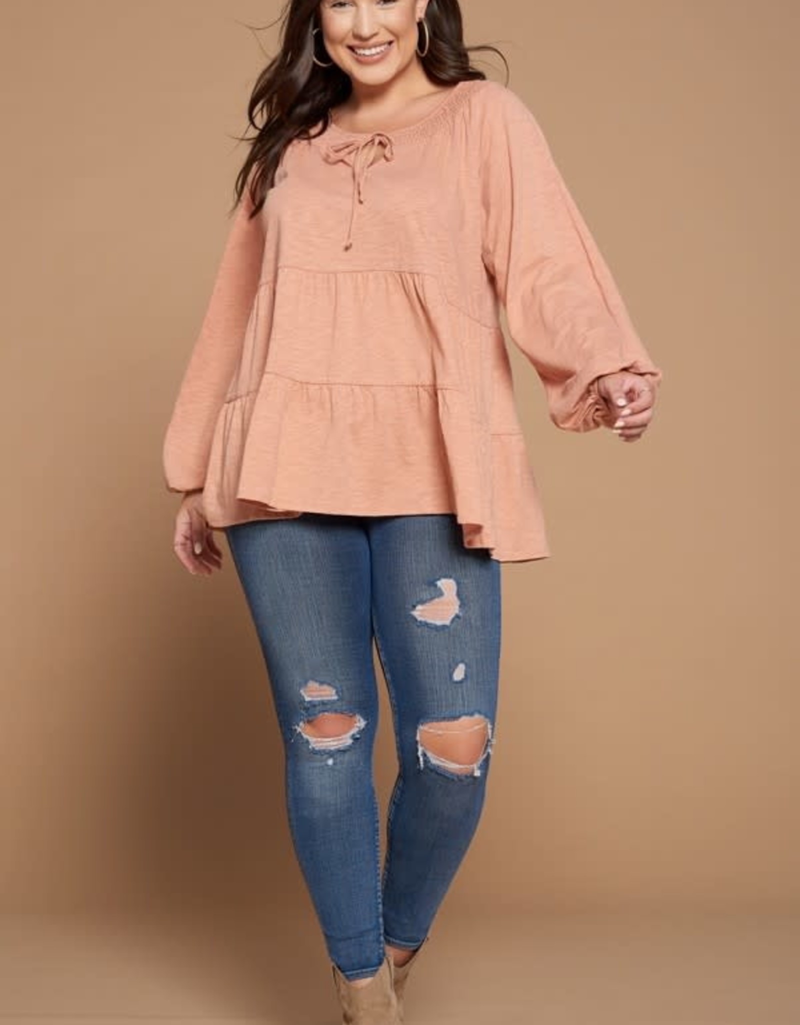 Oddi Plus Solid Tiered Baby Doll Blouse with Long Puffed Sleeves