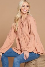 Oddi Solid Tiered Baby Doll Blouse with Long Puffed Sleeves