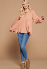Oddi Solid Tiered Baby Doll Blouse with Long Puffed Sleeves