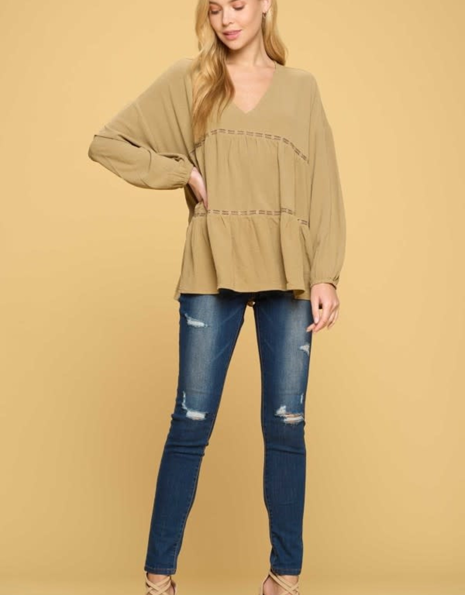 Oddi V-Neck Solid Tiered Blouse with Lace Trim Details
