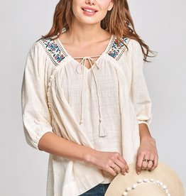 Oddi Woven Gauze Peasant Blouse with Floral Embroidery