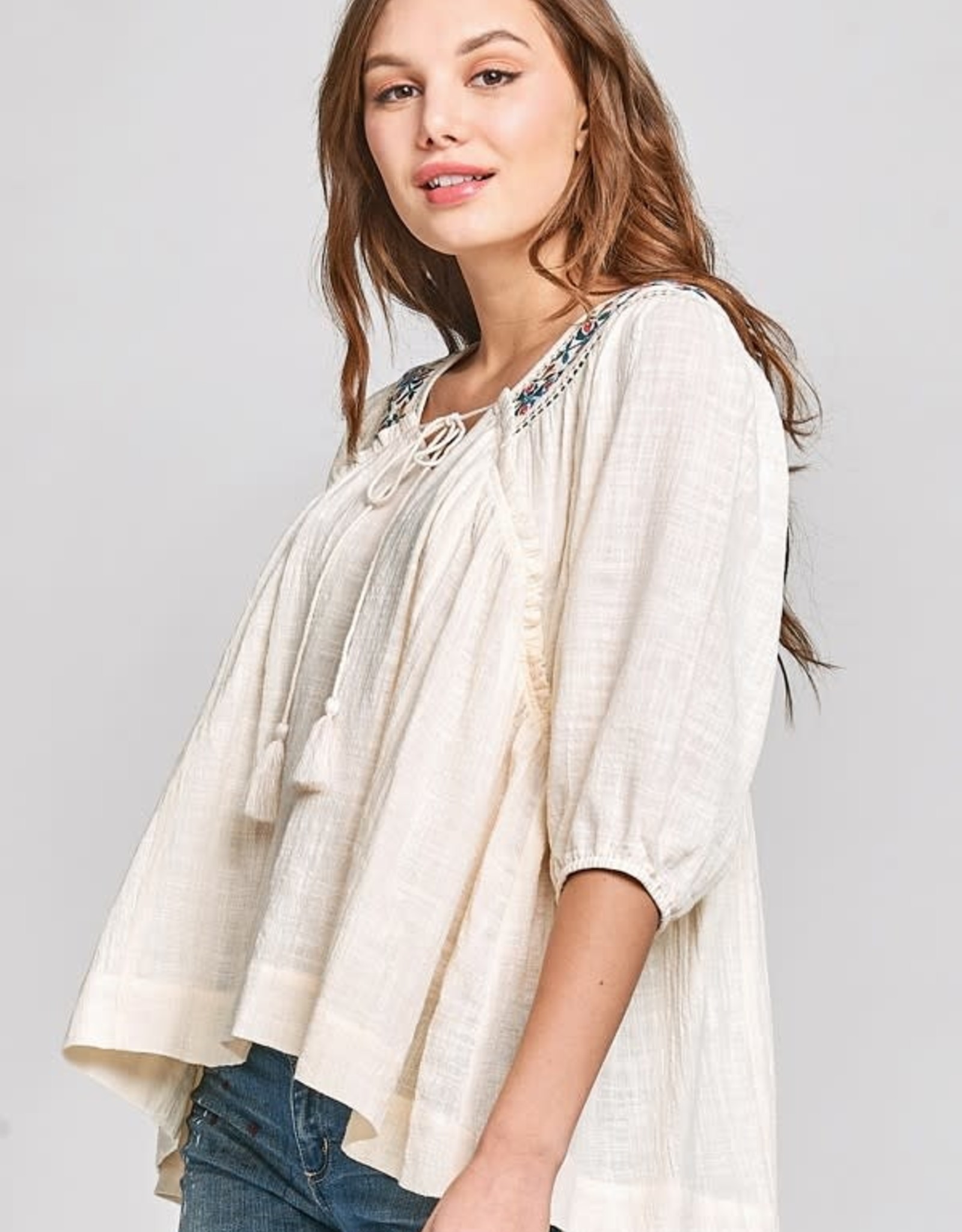 Oddi Woven Gauze Peasant Blouse with Floral Embroidery - IT20586