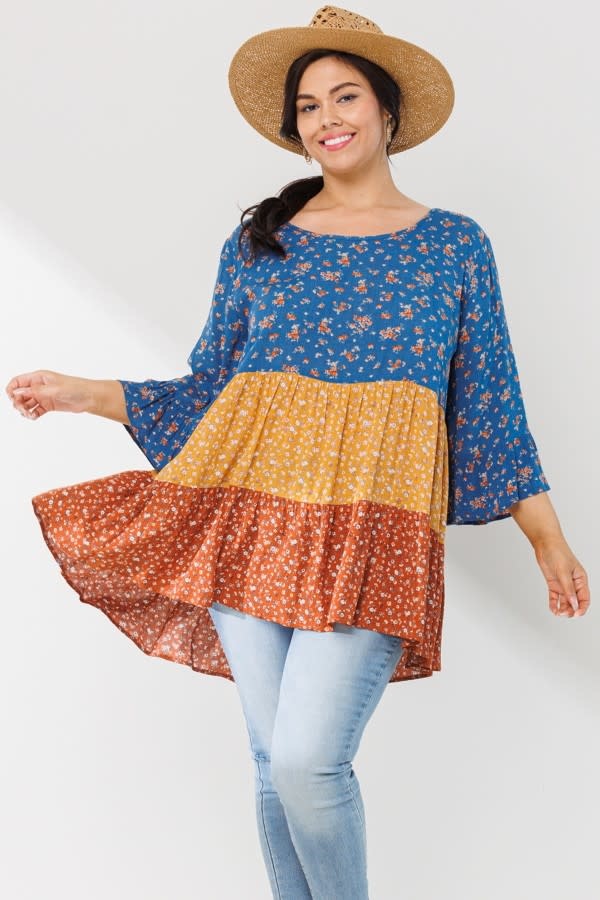 Plus Floral Print Block Babydoll Blouse Edgewood Outfitters