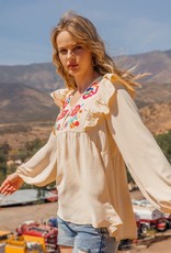 Oddi Solid Woven Blouse with Floral Embroidery and Ruffle Sleeves IT15249