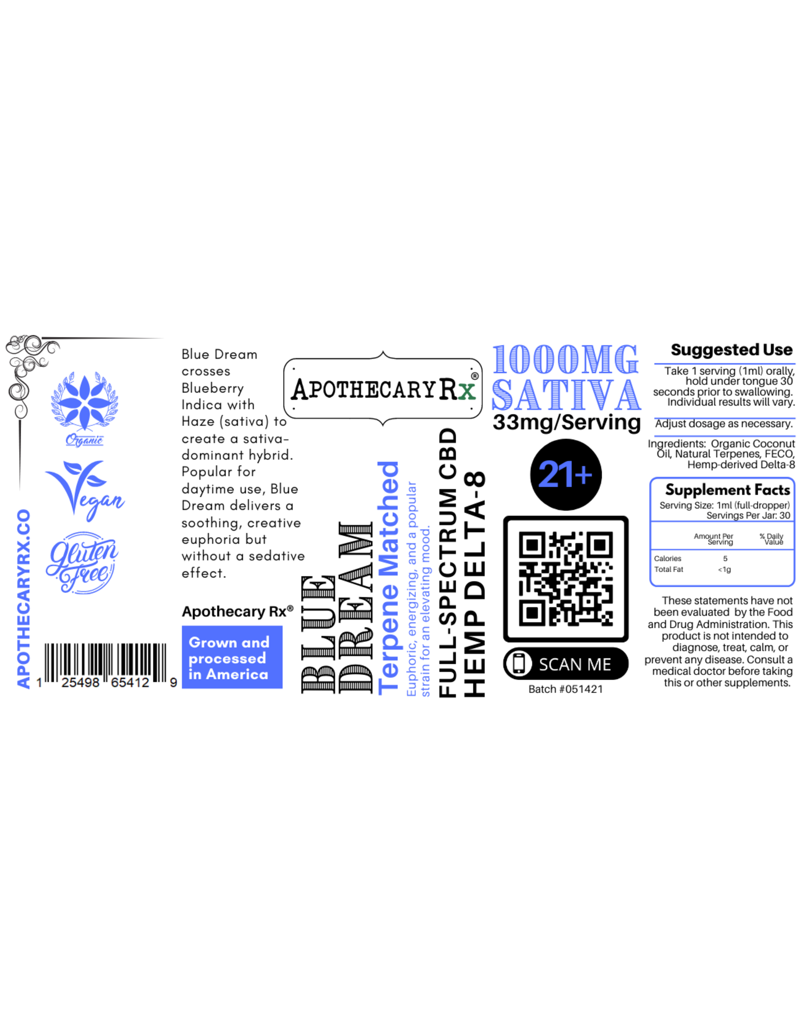 Apothecary Rx Apothecary Rx Delta 8 CBD Blue Dream Elixir Sativa 1000mg 30ml