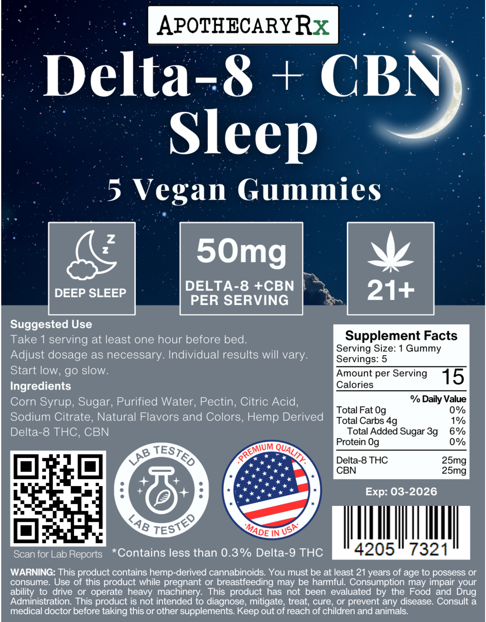 Apothecary Rx Apothecary Rx Delta 8 CBN Vegan Sleep Gummies 50mg 5ct