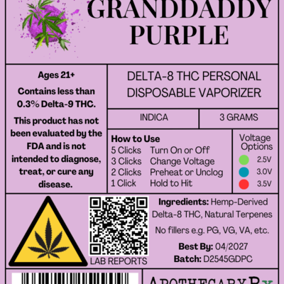 Apothecary Rx 3g Delta-8 Disposable Vaporizer Granddaddy Purple