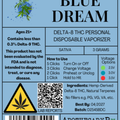 Apothecary Rx 3g Delta-8 Disposable Vaporizer Blue Dream