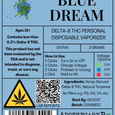 Apothecary Rx 3g Delta-8 Disposable Vaporizer Blue Dream