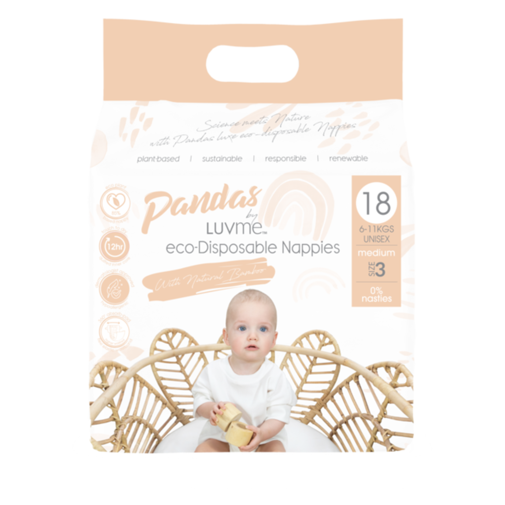 Luvme Pandas by Luvme Bamboo Disposable Nappies Size 3 Medium 18pk