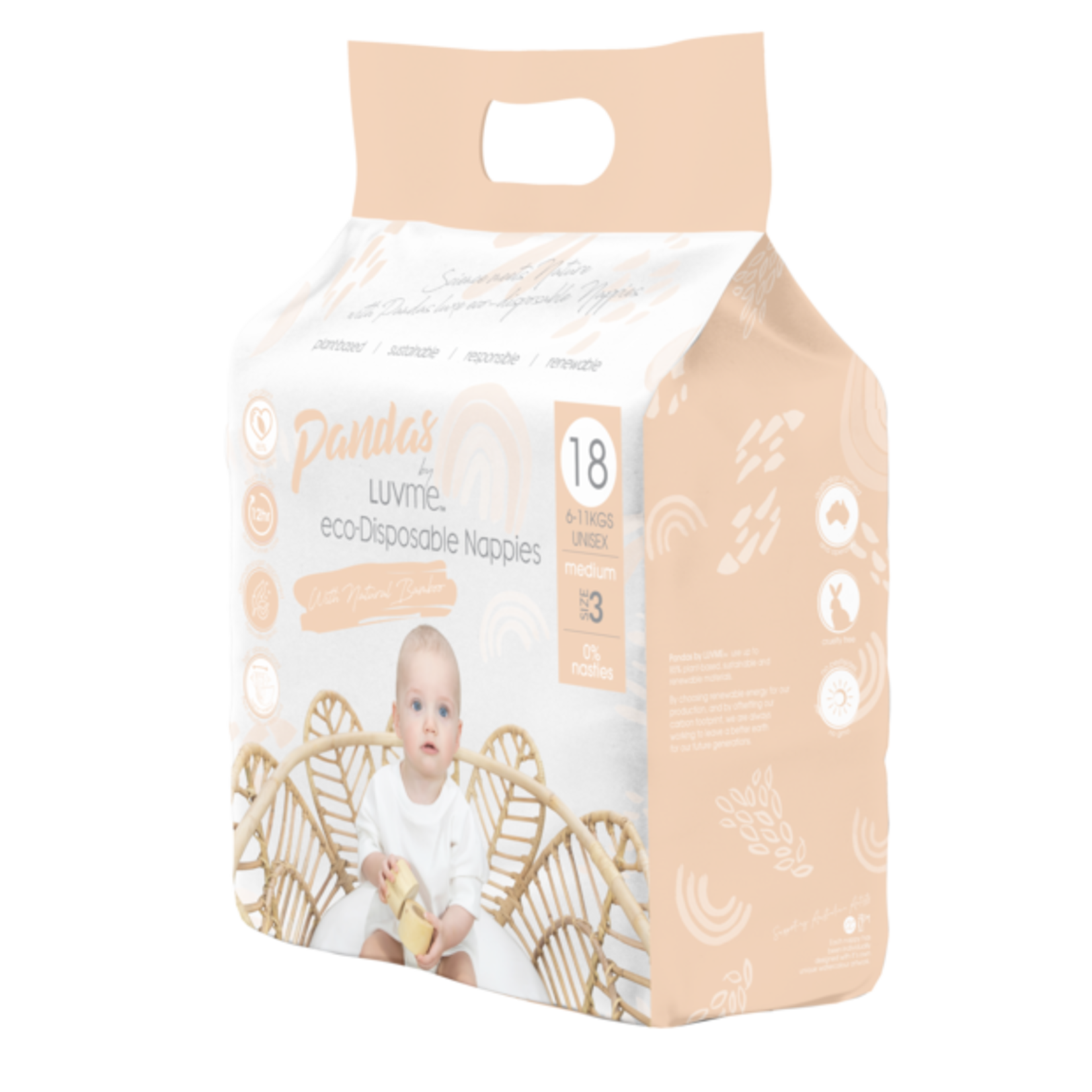 Luvme Pandas by Luvme Bamboo Disposable Nappies Size 3 Medium 18pk