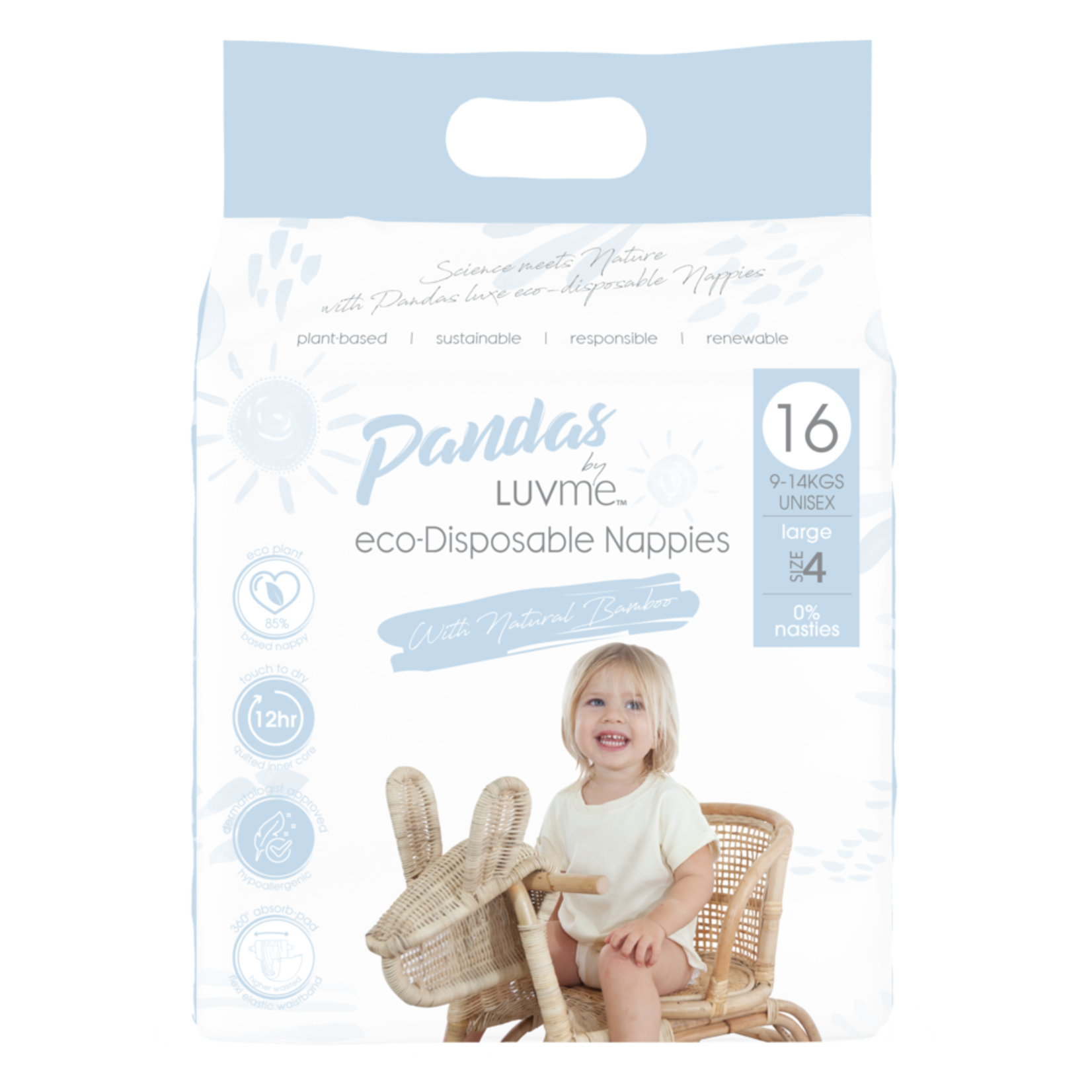 Luvme Pandas by Luvme Bamboo Disposable Nappies Size 4 Large 16pk