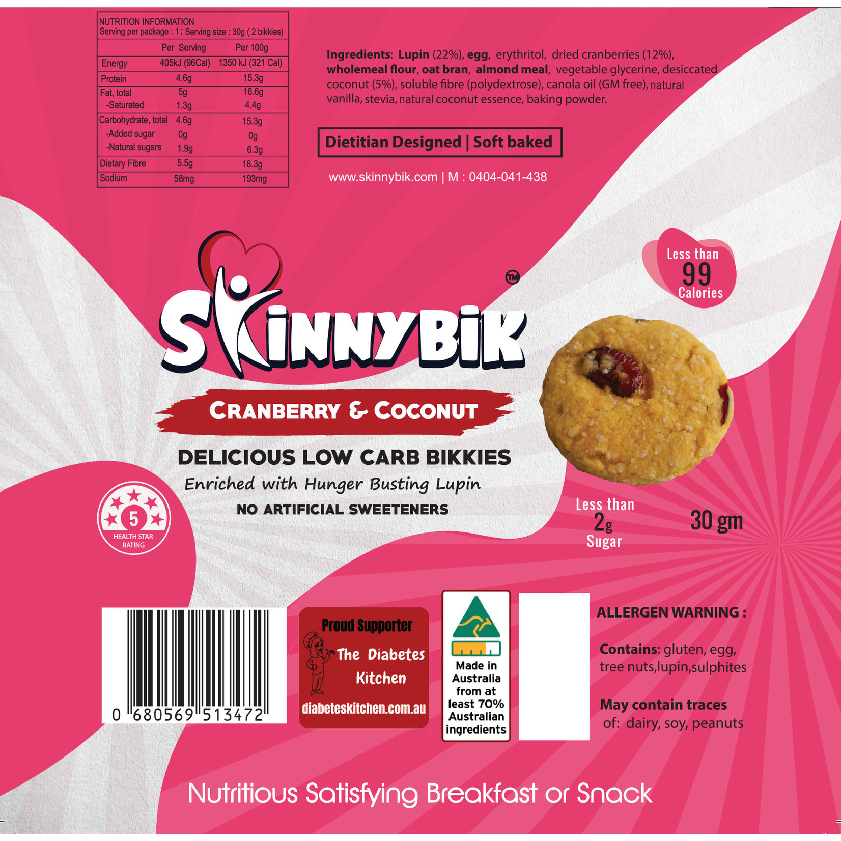 Skinnybik Skinnybik Low Carb Biscuits Cranberry & Coconut