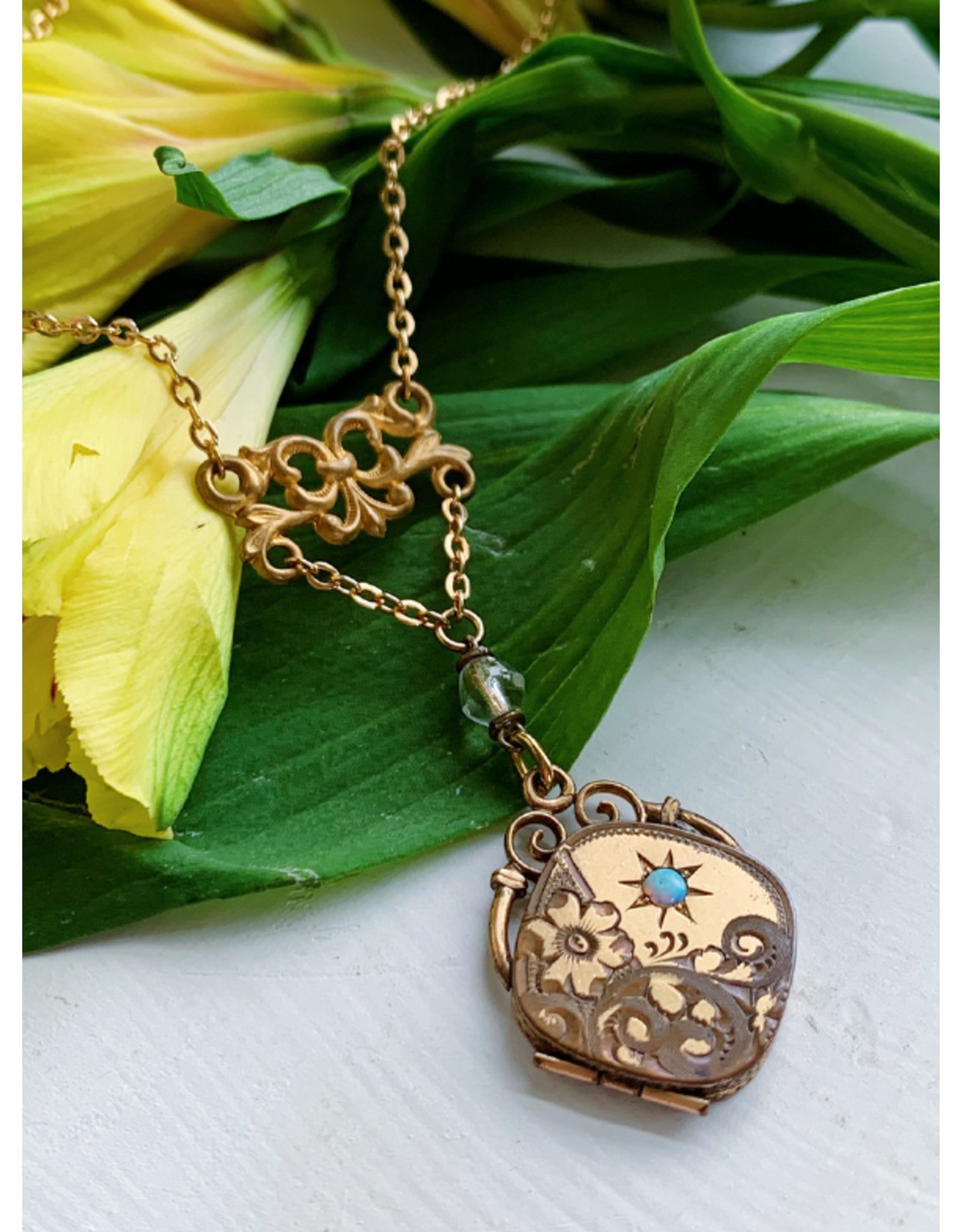 Victorian Gold Filled Floral + Opal Locket Necklace